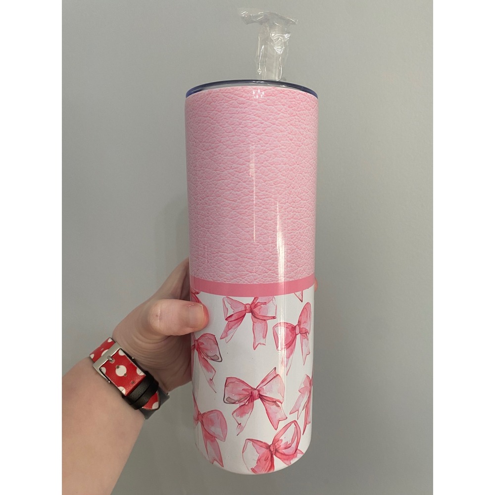 Skinny Tumbler Women 20oz Pink White Coquette Watercolor Bows Faux Leather Print - Picture 6 of 8